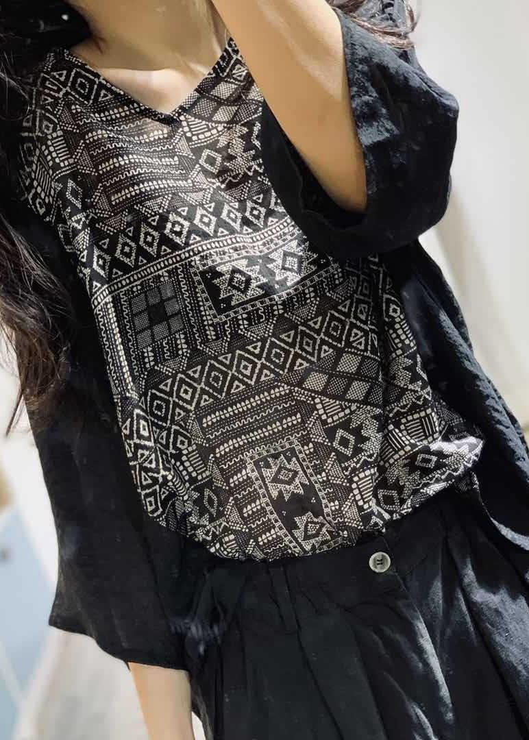 V Neck Cotton Blouses for Shirts Black Prints Blouse Fall