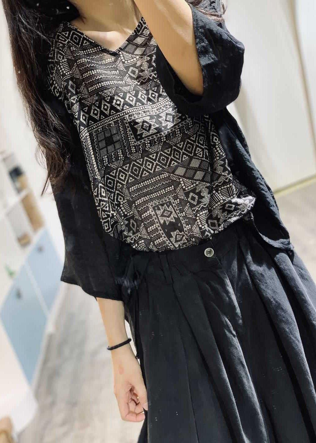 Women v neck cotton blouses for women Shirts black prints blouse fall