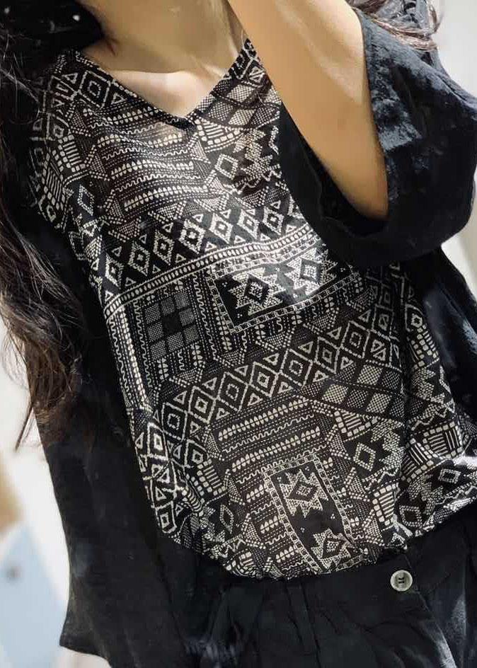 V Neck Cotton Blouses for Shirts Black Prints Blouse Fall