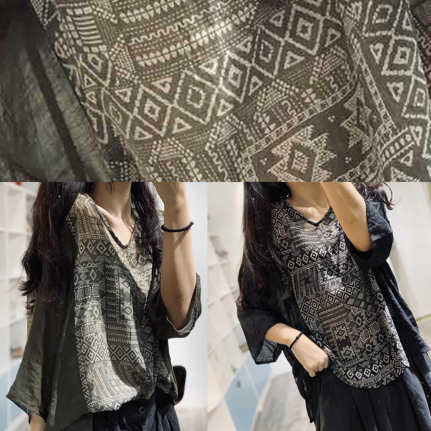 Women v neck cotton blouses for women Shirts black prints blouse fall