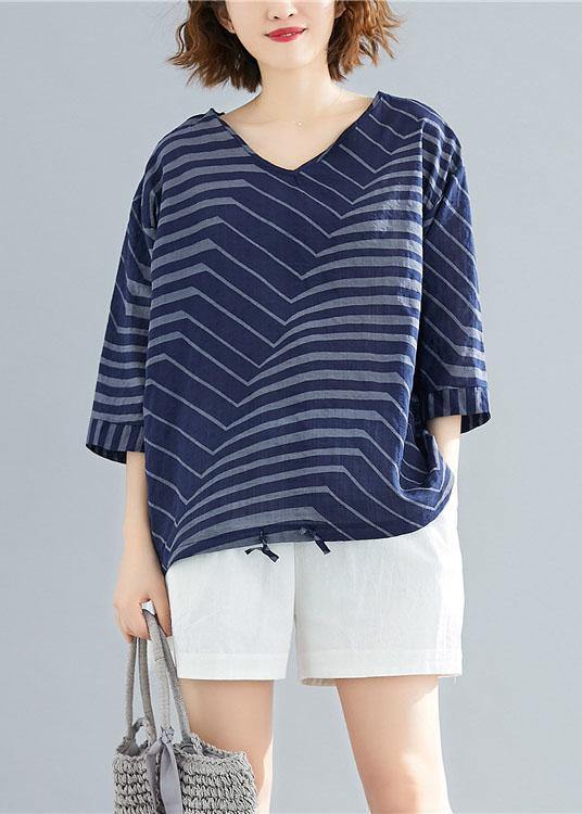 V Neck Cotton Linen Shirts Blue Striped Short Blouses Summer