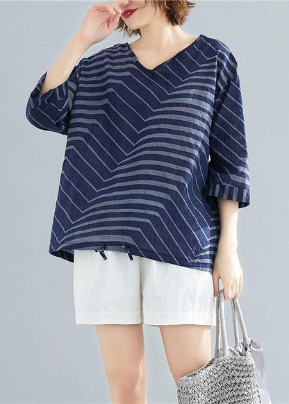 V Neck Cotton Linen Shirts Blue Striped Short Blouses Summer