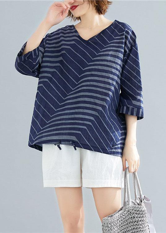V Neck Cotton Linen Shirts Blue Striped Short Blouses Summer