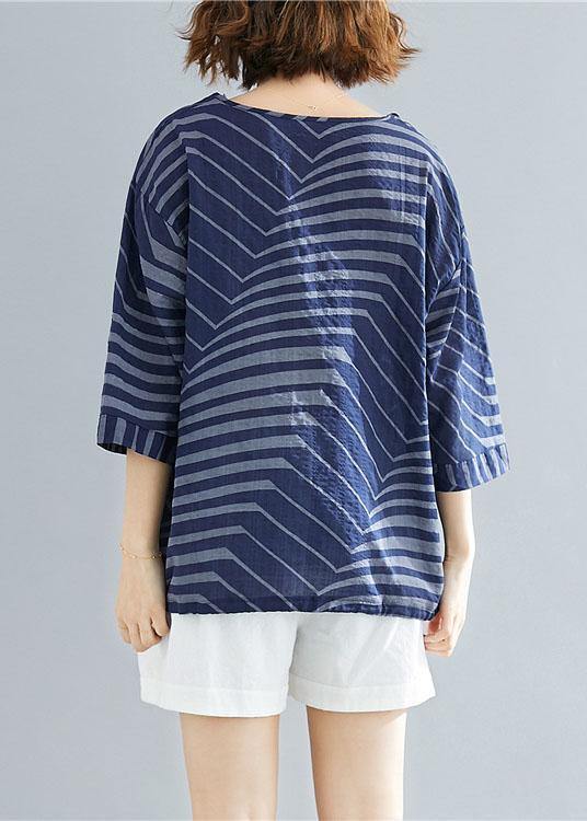 V Neck Cotton Linen Shirts Blue Striped Short Blouses Summer