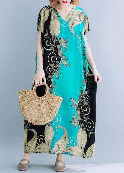 V Neck Cotton Summer Dresses Catwalk Green Print Cotton Robes Dress