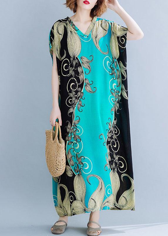 V Neck Cotton Summer Dresses Catwalk Green Print Cotton Robes Dress