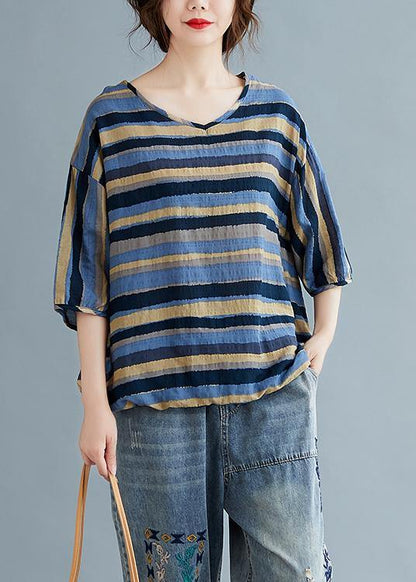 V Neck Cotton Summertunic Blue Striped Tunic Top