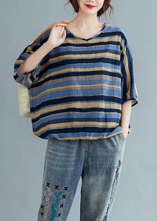 V Neck Cotton Summertunic Blue Striped Tunic Top