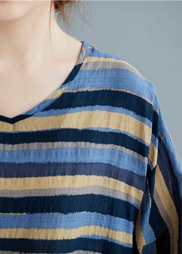 V Neck Cotton Summertunic Blue Striped Tunic Top