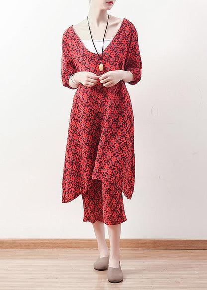 V Neck Crop Pants Linen Clothes for Fine Outfits Red Two Pieces Summer