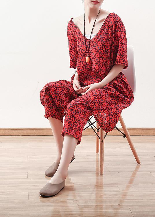 V Neck Crop Pants Linen Clothes for Fine Outfits Red Two Pieces Summer