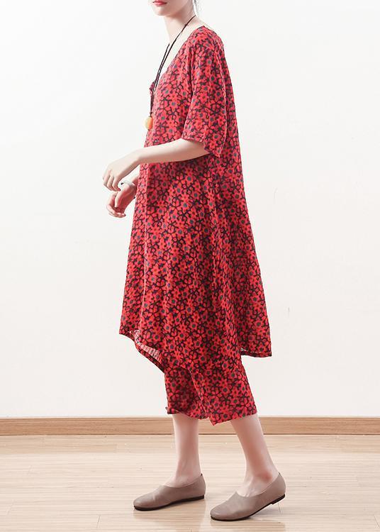 V Neck Crop Pants Linen Clothes for Fine Outfits Red Two Pieces Summer