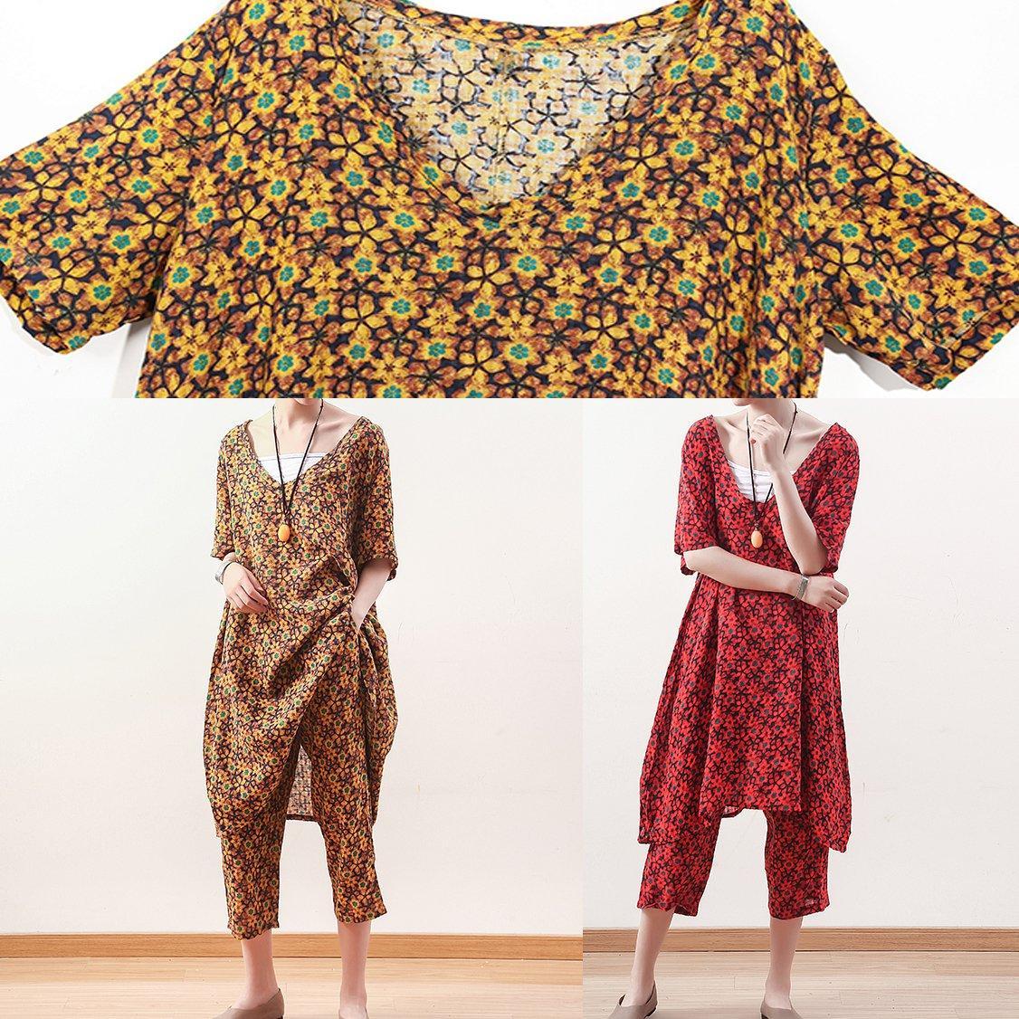 V Neck Crop Pants Linen Clothes for Fine Outfits Red Two Pieces Summer