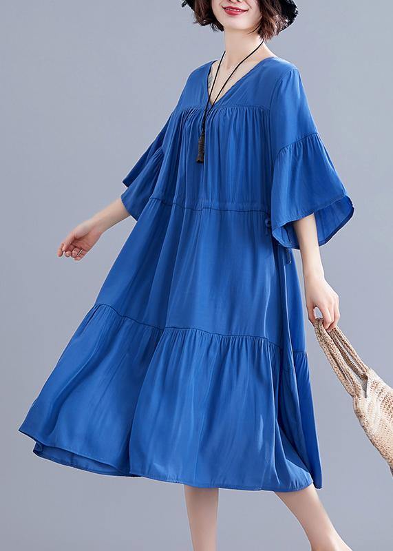 V Neck Drawstring Cotton Catwalk Blue Dress Summer