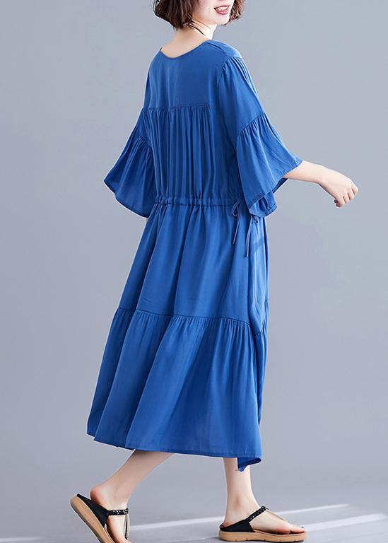 V Neck Drawstring Cotton Catwalk Blue Dress Summer