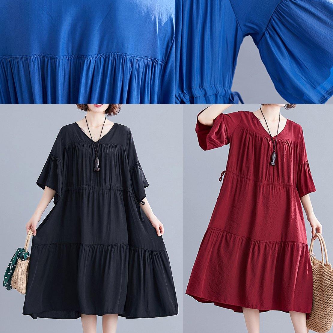 V Neck Drawstring Cotton Catwalk Blue Dress Summer