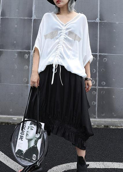 V Neck Drawstring Cotton Shirts Work Black Top Summer