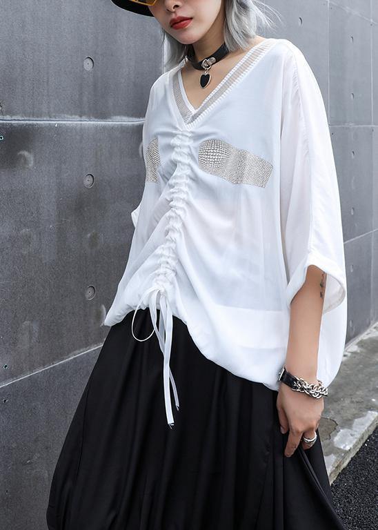 V Neck Drawstring Cotton Shirts Work Black Top Summer