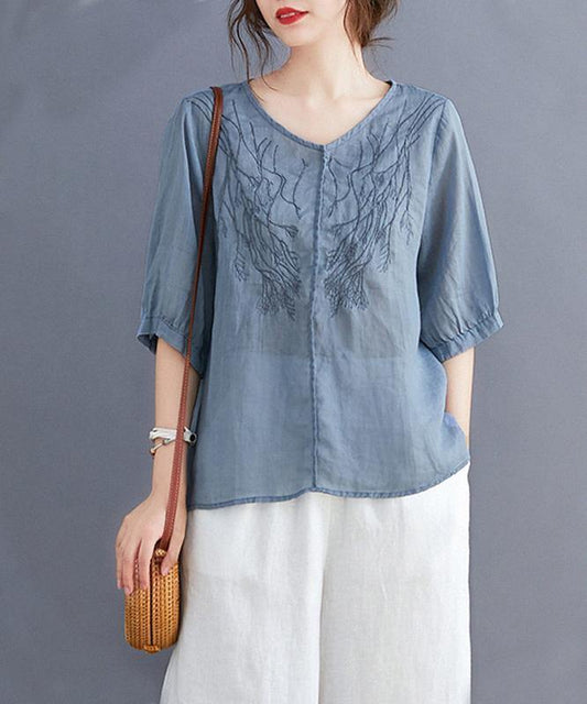 V Neck Embroidery Tops Pattern Blue Blouse