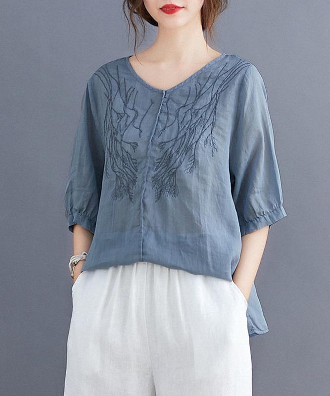 V Neck Embroidery Tops Pattern Blue Blouse