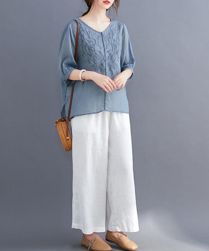 V Neck Embroidery Tops Pattern Blue Blouse