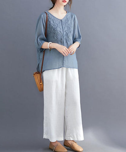 V Neck Embroidery Tops Pattern Blue Blouse