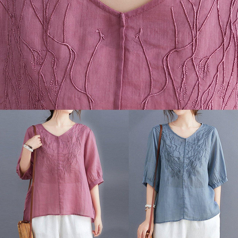 V Neck Embroidery Tops Pattern Blue Blouse