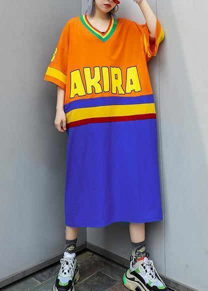 V Neck Half Sleeve Cotton Clothes Inspiration Orange Blue Patchwork Dress Summer