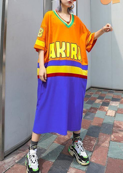 V Neck Half Sleeve Cotton Clothes Inspiration Orange Blue Patchwork Dress Summer
