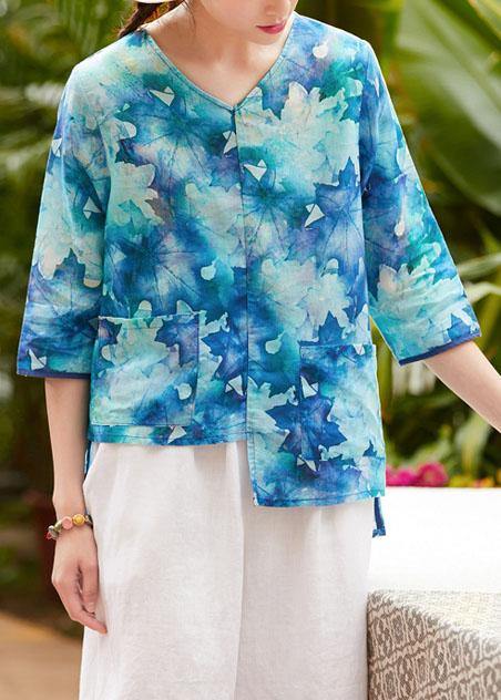V Neck Half Sleeve Linen Clothes for Shape Blue Prints Shirt Summer