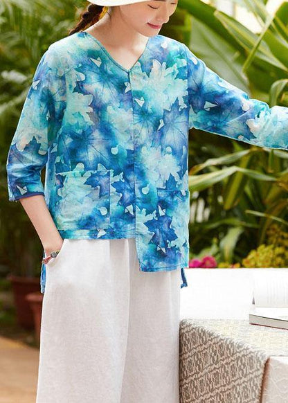 V Neck Half Sleeve Linen Clothes for Shape Blue Prints Shirt Summer