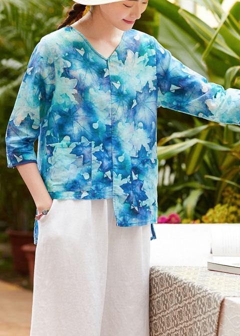 V Neck Half Sleeve Linen Clothes for Shape Blue Prints Shirt Summer