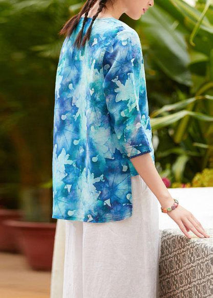 V Neck Half Sleeve Linen Clothes for Shape Blue Prints Shirt Summer