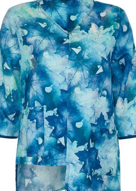 V Neck Half Sleeve Linen Clothes for Shape Blue Prints Shirt Summer