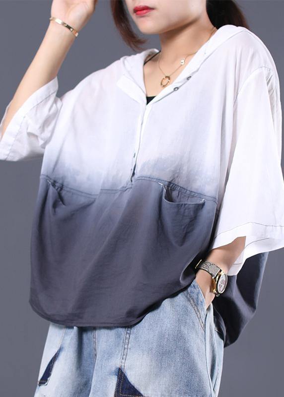 V Neck Hooded Cotton Clothes for White Gradient Color Cotton Summer Shirts