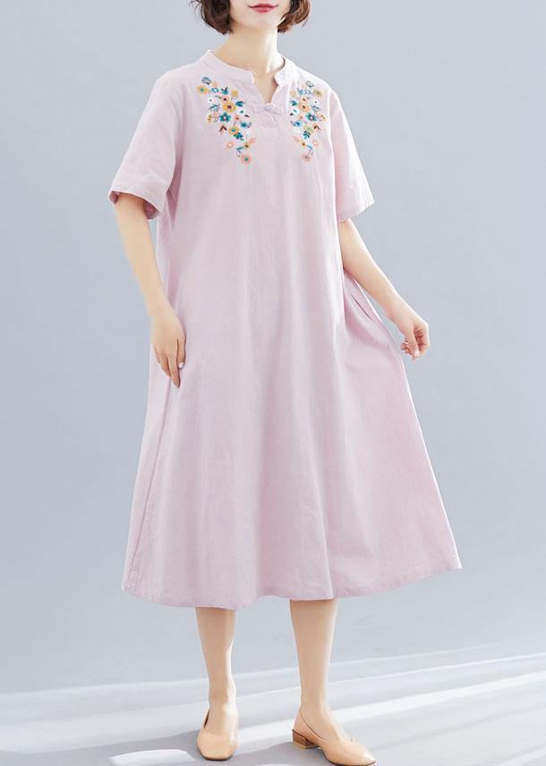 V Neck Linen Clothes Neckline Pink Embroidery Dress Summer