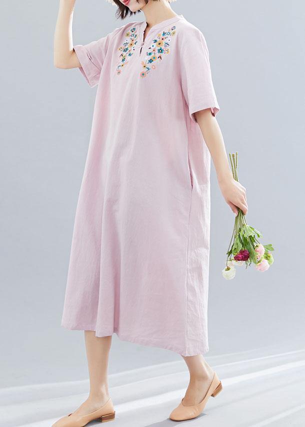 V Neck Linen Clothes Neckline Pink Embroidery Dress Summer