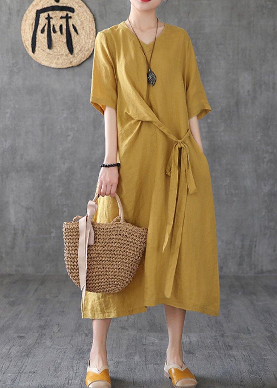 V Neck Linen Clothes Online Shopping Yellow Dresses