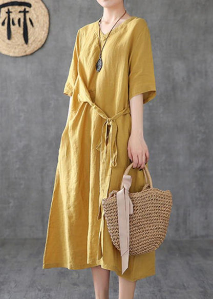 V Neck Linen Clothes Online Shopping Yellow Dresses