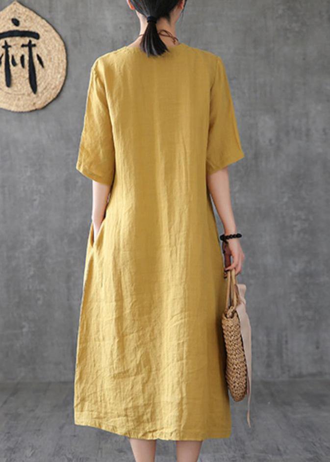 V Neck Linen Clothes Online Shopping Yellow Dresses