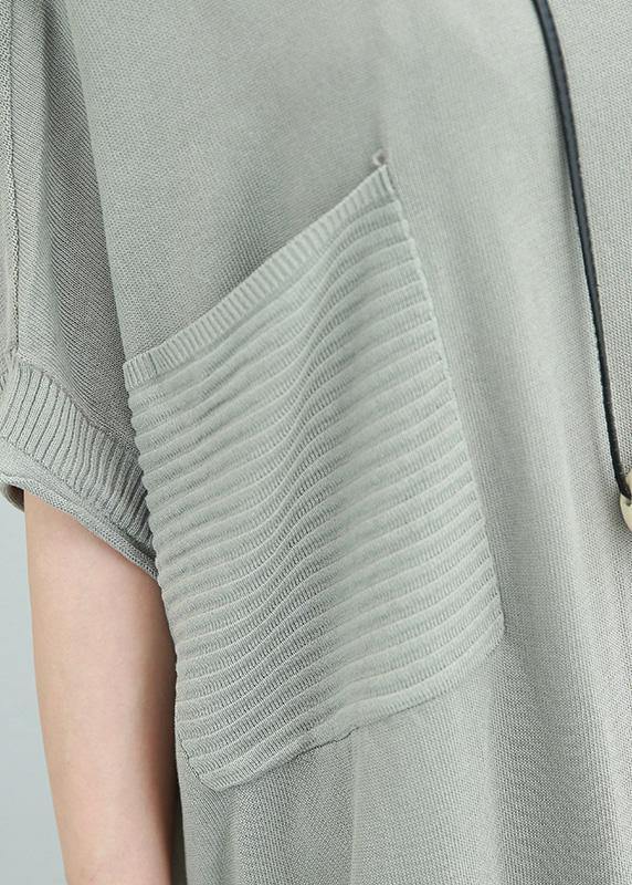 V Neck Linen Dress Shirts Light Gray Dress Side Open Summer
