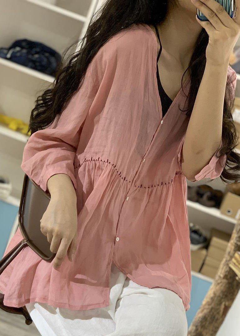 V Neck Linen Shirts Pattern Pink Blouse Fall