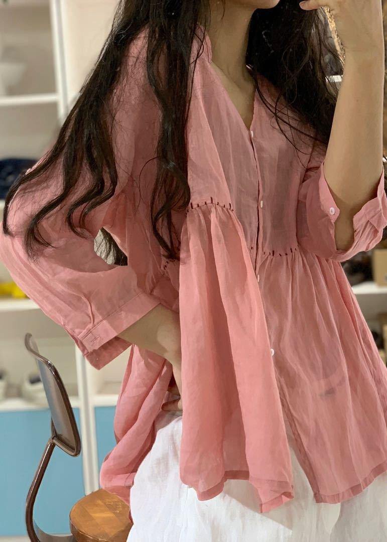 V Neck Linen Shirts Pattern Pink Blouse Fall