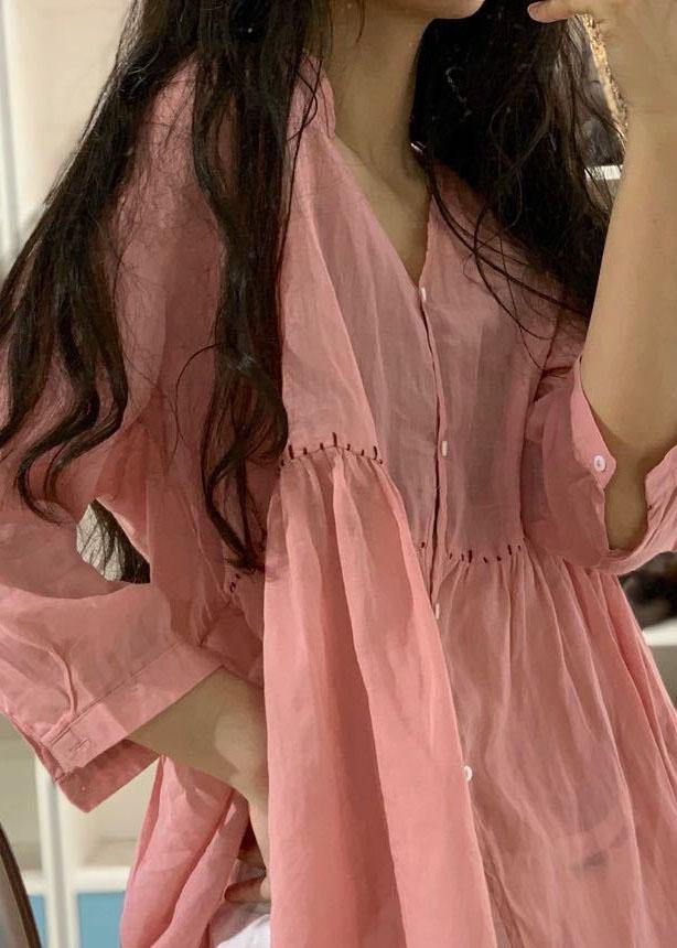 V Neck Linen Shirts Pattern Pink Blouse Fall