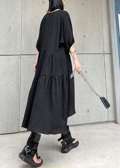 V Neck Low High Design Cotton Summer Black Kaftan Dress