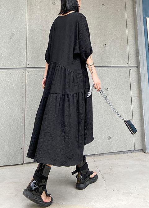 V Neck Low High Design Cotton Summer Black Kaftan Dress