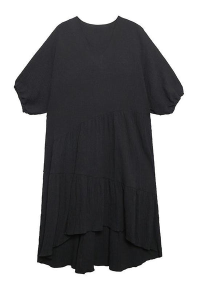 V Neck Low High Design Cotton Summer Black Kaftan Dress