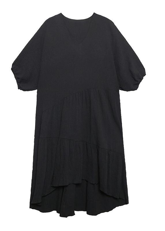 V Neck Low High Design Cotton Summer Black Kaftan Dress