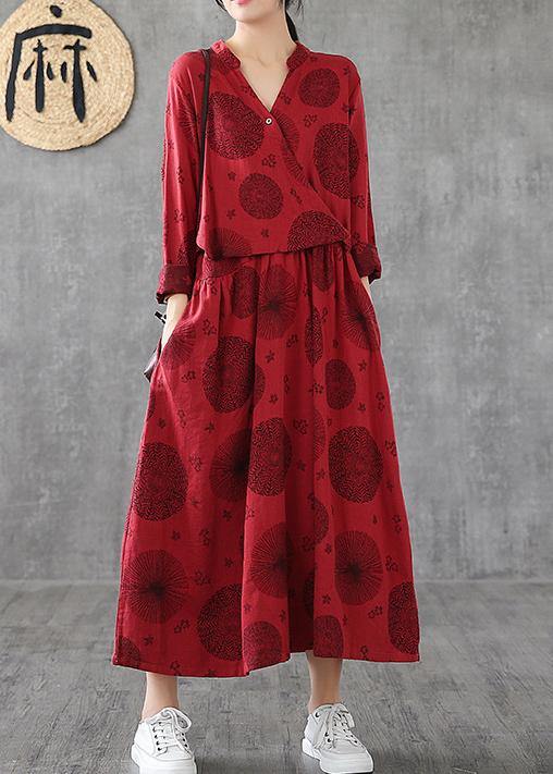 V Neck Patchwork Cotton Clothes Red Embroidery Long Dresses