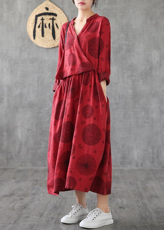 V Neck Patchwork Cotton Clothes Red Embroidery Long Dresses